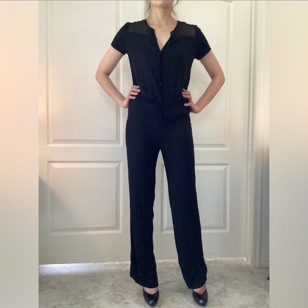 Jersey and sheer chiffon button down pantsuit